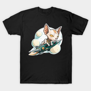 Sphinx cat rides a rocket in space T-Shirt